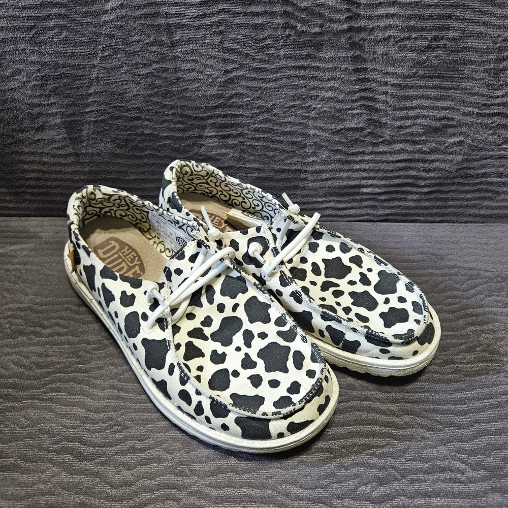 Hey Dude Wendy Milky Way Cow Print Canvas Loafers White Black Womens 6 40387-100